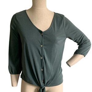 Green Envelope Los Angeles Top Sz S Khaki V-Neck Button Front Waist Tie #220C